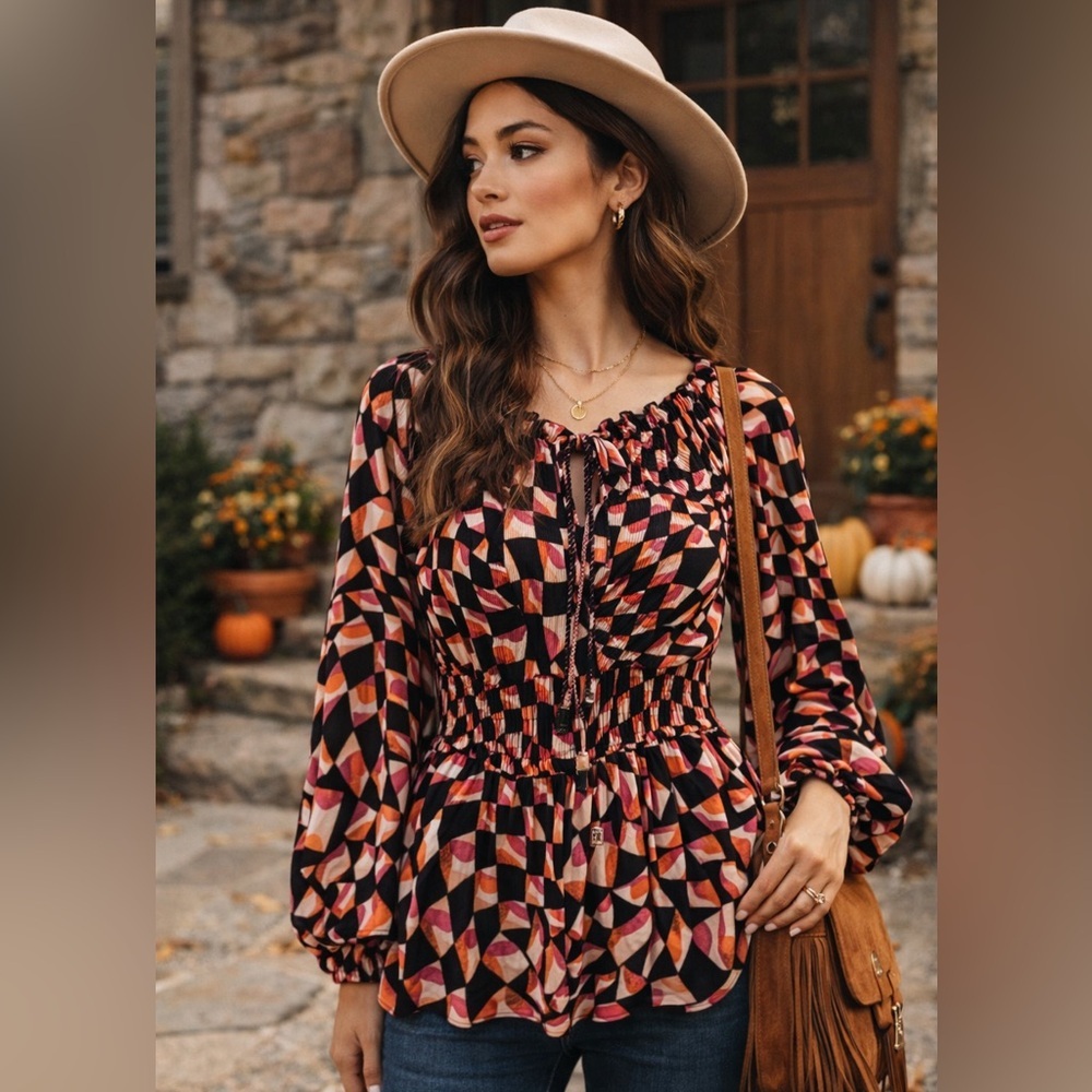Ninety Clothing Co Geometric Boho Peplum Blouse M NWOT Retro Chic Pink Black